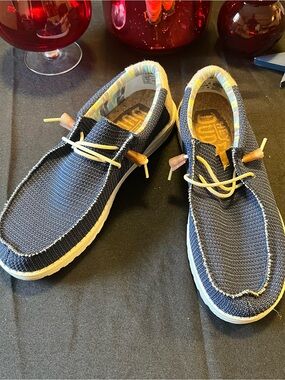 Hey Dude Navy Knit Slip-On Loafers with Cream Laces